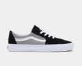 Vans Sk8-Low sneakers in black, gray, and white with suede upper, canvas panels, signature side stripe, and white rubber sole, side view.