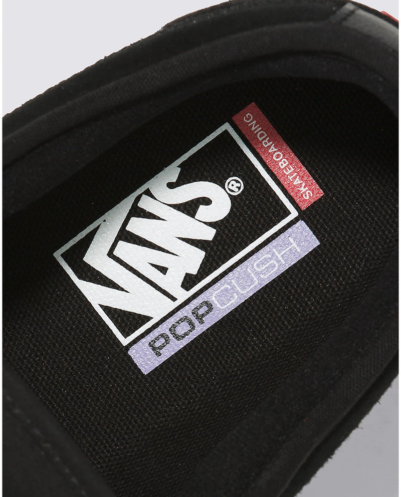 Vans Skate Chukka Low Sidestripe Core skate shoes, black insole with PopCush cushioning and Vans logo close-up.