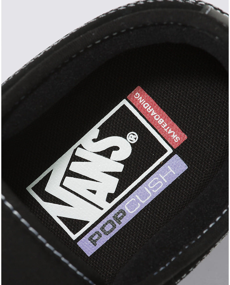 Vans Skate Chukka Low skate shoes, close-up of black insole featuring PopCush branding and stitched detailing.