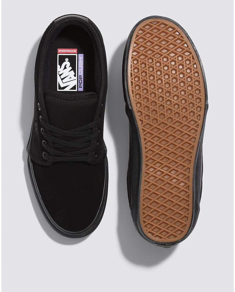 Vans Skate Chukka Low skate shoes in black with suede uppers, PopCush insoles, and gum waffle outsole, top and sole views.