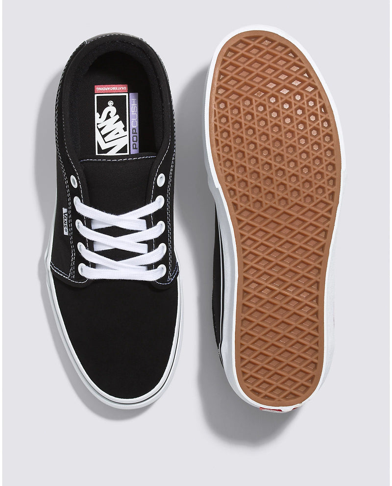 Vans Skate Chukka Low skate shoes in black with white laces, PopCush insoles, and gum waffle outsole, top and sole view.