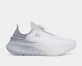 Under Armour SlipSpeed™ Mega Fade shoes in white and gray with gradient fade design, BOA Fit System, and textured sole, side view.
