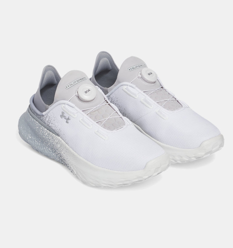 Under Armour SlipSpeed™ Mega Fade shoes in white and gray with BOA Fit System and fade effect on midsole, front angle.