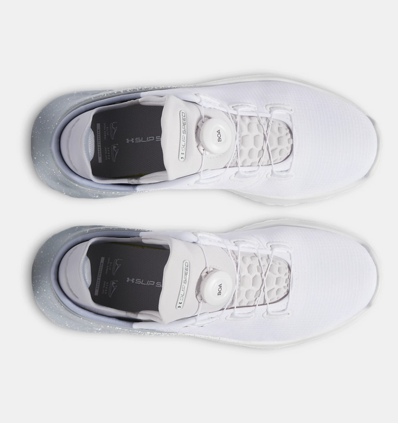 Under Armour SlipSpeed™ Mega Fade shoes in white with gradient blue heel, BOA Fit System, and mesh upper, top view.