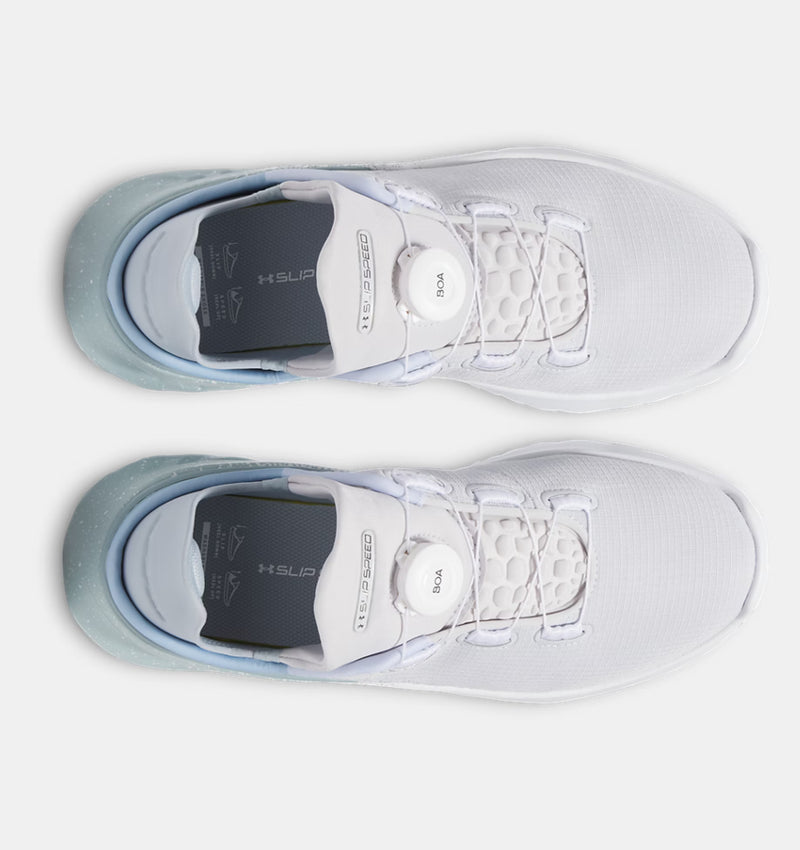 Under Armour SlipSpeed™ Mega Fade shoes in white with gradient blue heel fade, Boa fit system, and mesh upper, top view.