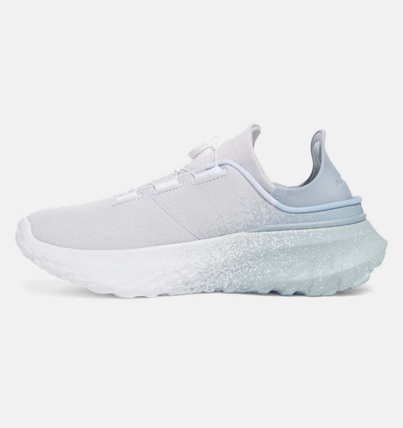 Under Armour SlipSpeed™ Mega Fade shoes side view featuring a gradient fade design from white to light blue on mesh upper with cushioned outsole.