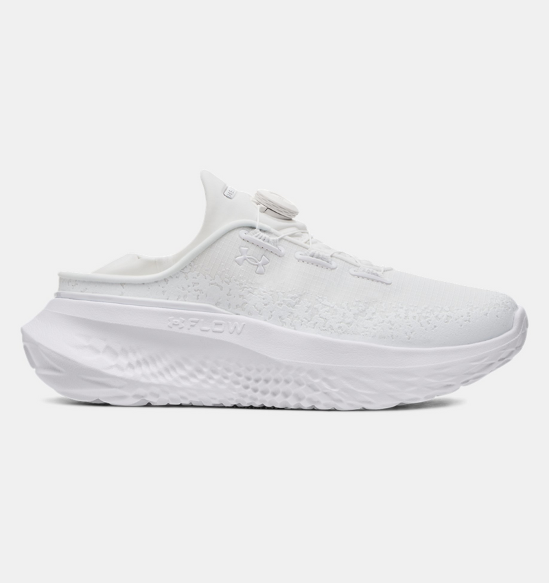 Under Armour SlipSpeed™ Mega Ripstop shoes in all-white with ripstop upper and durable Flow cushioned sole, side view.