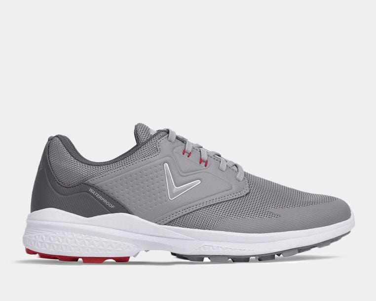 Callaway Solana SL v2 golf shoes in gray with waterproof mesh upper, white midsole, and spikeless outsole, side view.