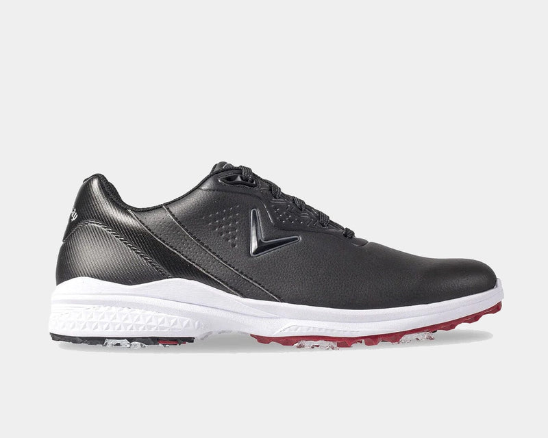 Callaway Solana TRX v2 golf shoes in black with synthetic upper, cushioned white midsole, and red spiked outsole, side view.