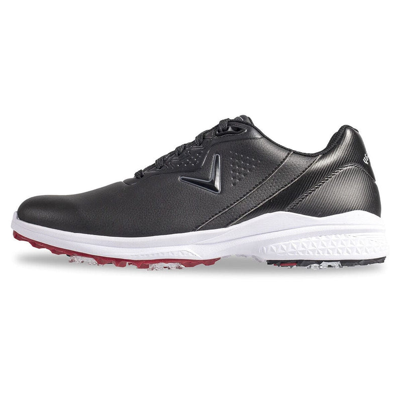Callaway Solana TRX v2 Golf shoes in black with textured synthetic upper, white midsole, and red outsole, side view.