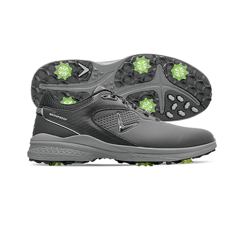 Callaway Solana TRX v3 golf shoes in gray with waterproof upper, spiked outsole featuring green details, side and sole view.