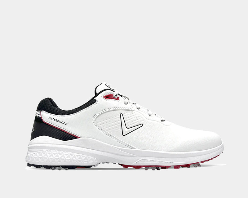 Callaway Solana TRX v3 golf shoes side view in white with black and red accents, waterproof exterior, and durable spiked outsole.