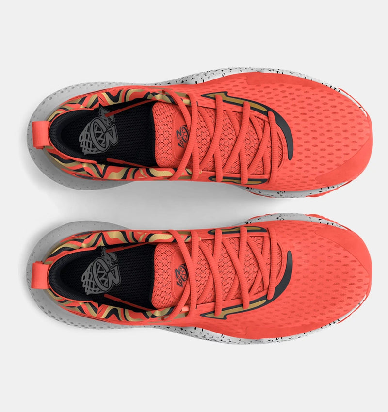 Under Armour Spawn 5 Let's 3 basketball shoes in vibrant red with multicolor accents and speckled midsole, top view showcasing mesh upper and lace system.