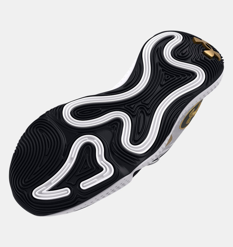 Under Armour Spawn 5 basketball shoes outsole with black and white wavy traction pattern and gold logo detailing.