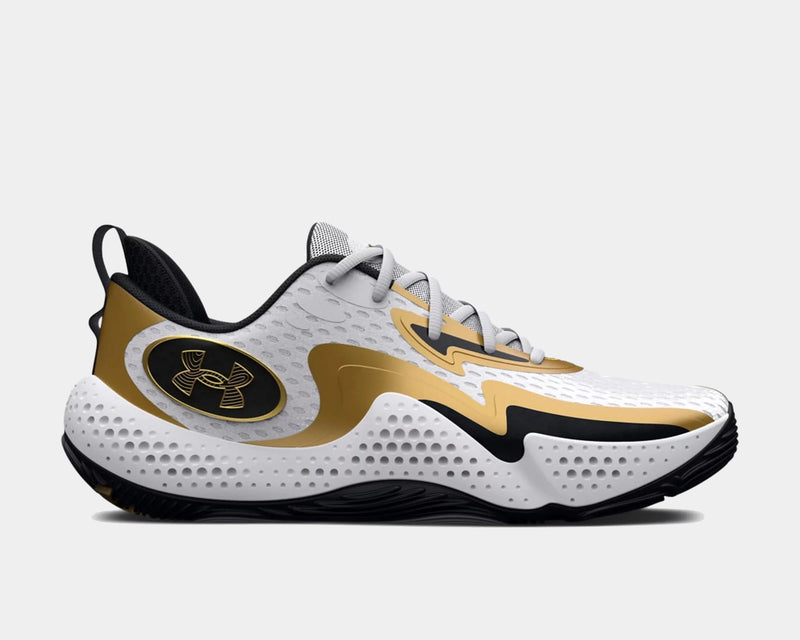 Under Armour Spawn 5 basketball shoes in white, gold, and black with mesh upper and textured midsole, side view.