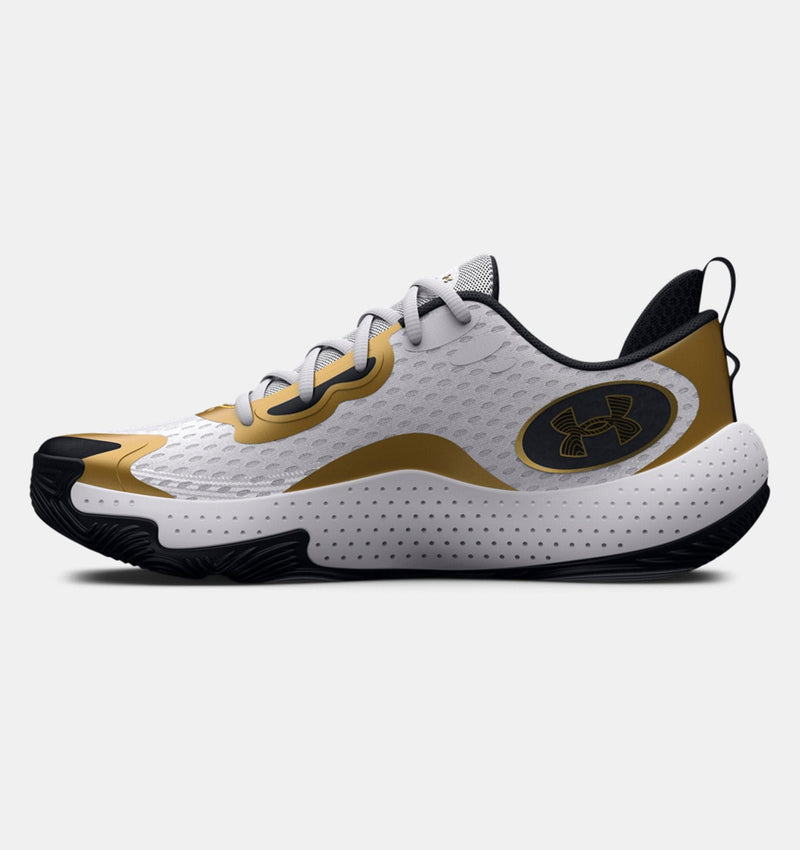 Under Armour Spawn 5 basketball shoes in white, gold, and black with a breathable mesh upper and rubber outsole, side view.