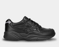 Propét Stability Walker shoes in black with leather upper, padded collar, and durable rubber sole, side view.