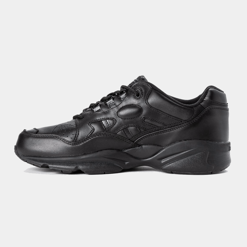 Propét Stability Walker walking shoes in solid black leather with supportive detailing and padded collar, side view.