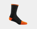 Darn Tough Steely Micro Crew Cushion w/ Full Cushion Toe socks in charcoal gray with orange accents, side view.