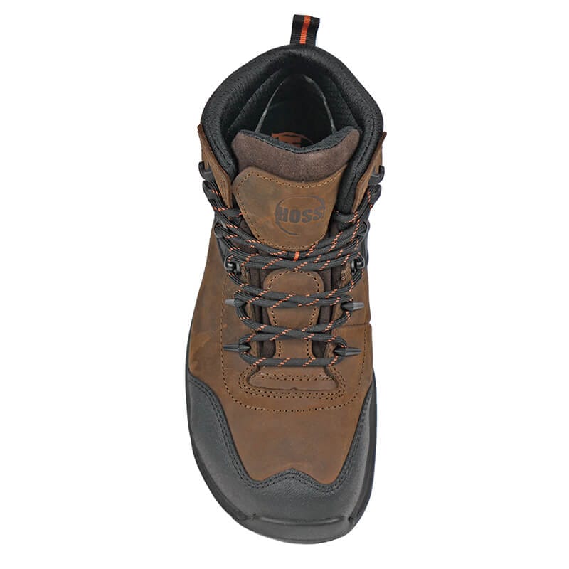 Hoss Stomp 6″ Waterproof Safety Toe work boots in brown leather with black accents, reinforced laces, and padded collar, top view.