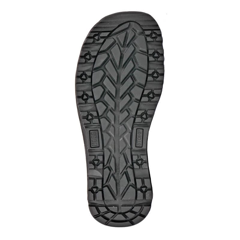 Hoss Stomp 6″ Waterproof Safety Toe boots outsole in black featuring slip-resistant tread design, bottom view.