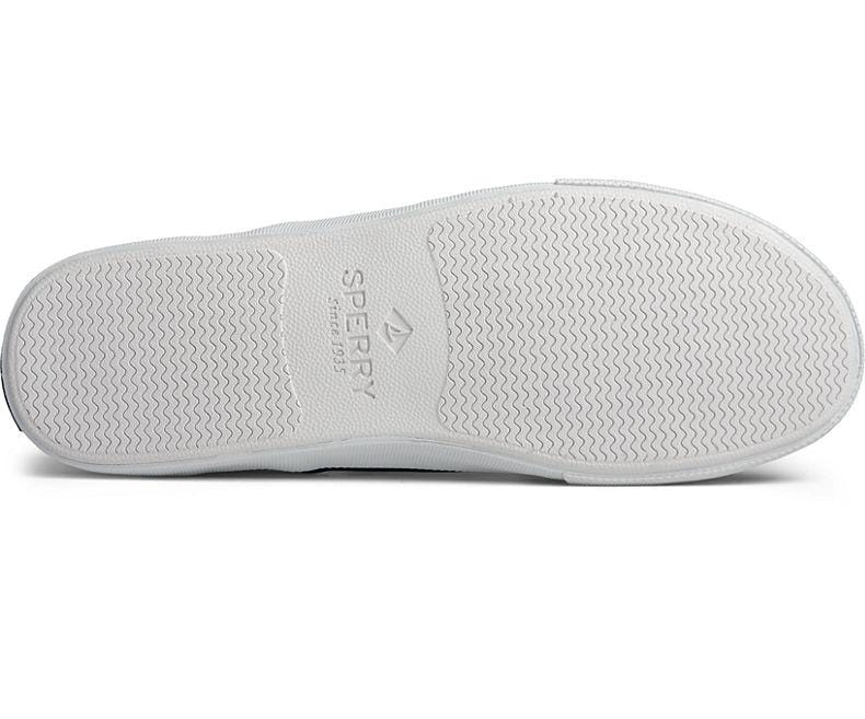 Sperry Striper II Slip On Sneakers outsole in white with non-slip wave pattern and embossed logo detail, sole/bottom view.