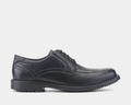 Rockport Style Leader 2 Apron Toe dress shoes in black leather with apron toe design and lace-up closure, side view.