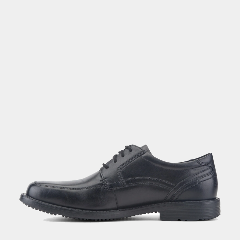 Rockport Style Leader 2 Apron Toe dress shoes in black leather with lace-up design and apron toe styling, side view.