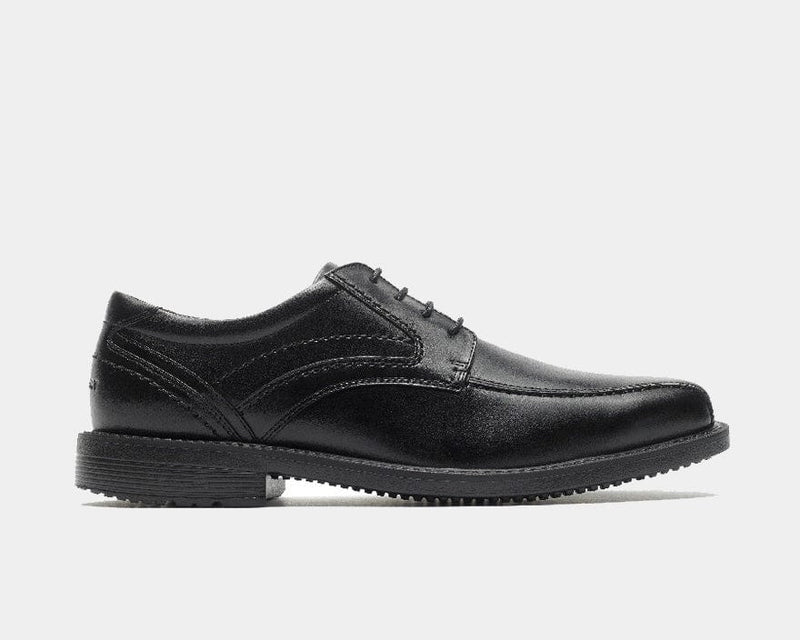 Rockport Style Leader 2 Bike Toe Oxford dress shoes in black leather with a sleek bike-toe design and lace-up closure, side view.