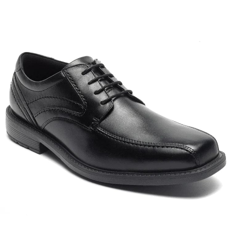 Rockport Style Leader 2 Bike Toe Oxford dress shoe in black leather with a polished finish and lace-up closure, side angle view.