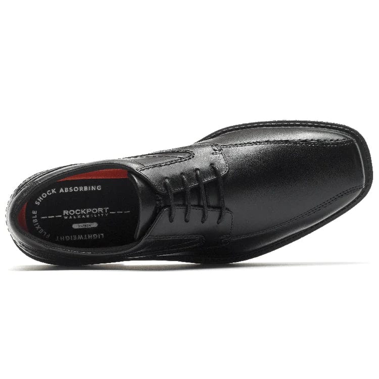Rockport Style Leader 2 Bike Toe Oxford dress shoe in black leather with lace-up closure and cushioned insole, top view.