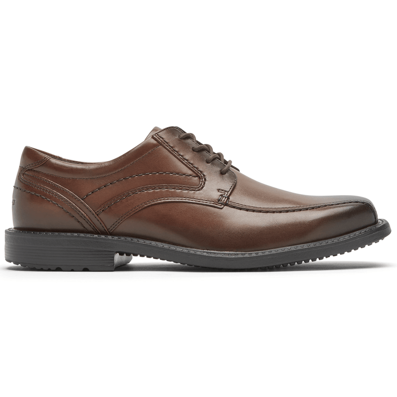 Rockport Style Leader 2 Bike Toe Oxford dress shoe in brown leather with stitching details and rubber sole, side view.