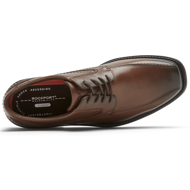 Rockport Style Leader 2 Bike Toe Oxford dress shoe in brown leather with stitched detailing and lace-up closure, top view.