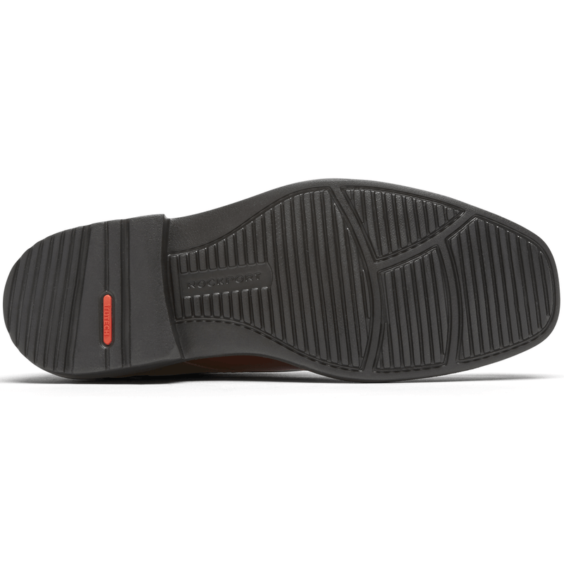 Rockport Style Leader 2 Bike Toe Oxford outsole in black rubber with textured grip pattern and red traction detail, sole/bottom view.