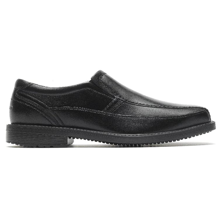 Rockport Style Leader 2 Bike Toe Slip-On dress shoes in black leather with slip-on design and stitch detailing, side view.