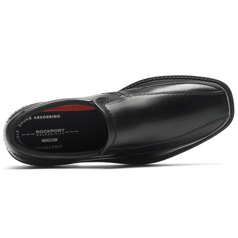 Rockport Style Leader 2 Bike Toe Slip-On dress shoe in black leather with cushioned insole, top view.