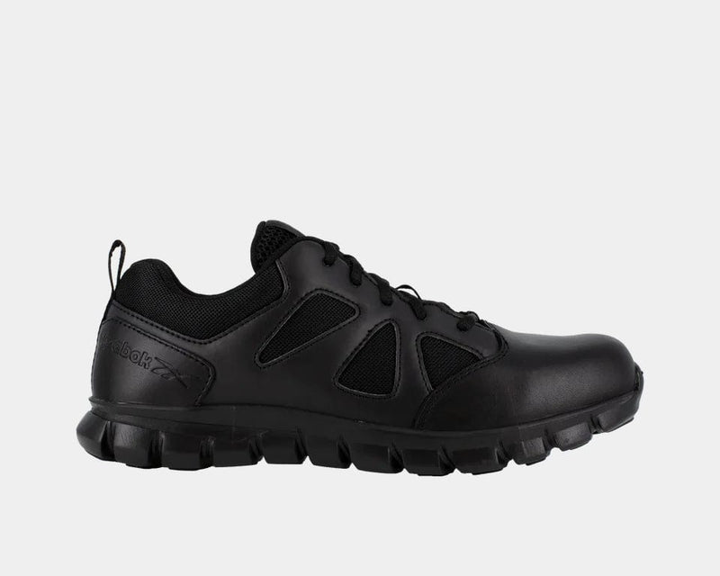 Reebok Work Sublite Cushion Tactical Shoes in black with lightweight mesh upper and durable cushioning, side view.