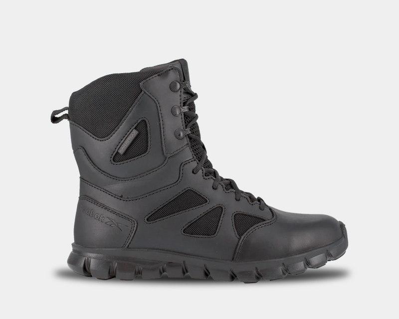 Reebok Work Sublite Cushion Tactical boots in black with leather and mesh upper, cushioned outsole, side view.
