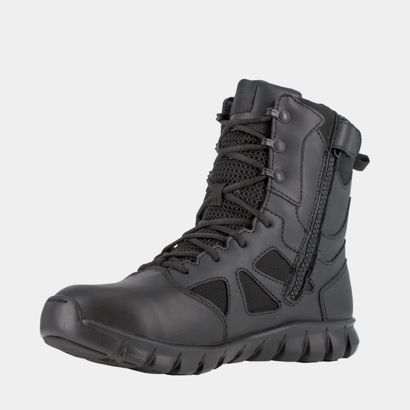 Reebok Work Sublite Cushion Tactical boots in black with mesh panels, leather accents, lace-up design, and side zip closure, front angle view.