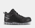 Reebok Work Sublite Cushion Waterproof Composite Toe Boots in black with durable leather upper and gray outsole, side view.