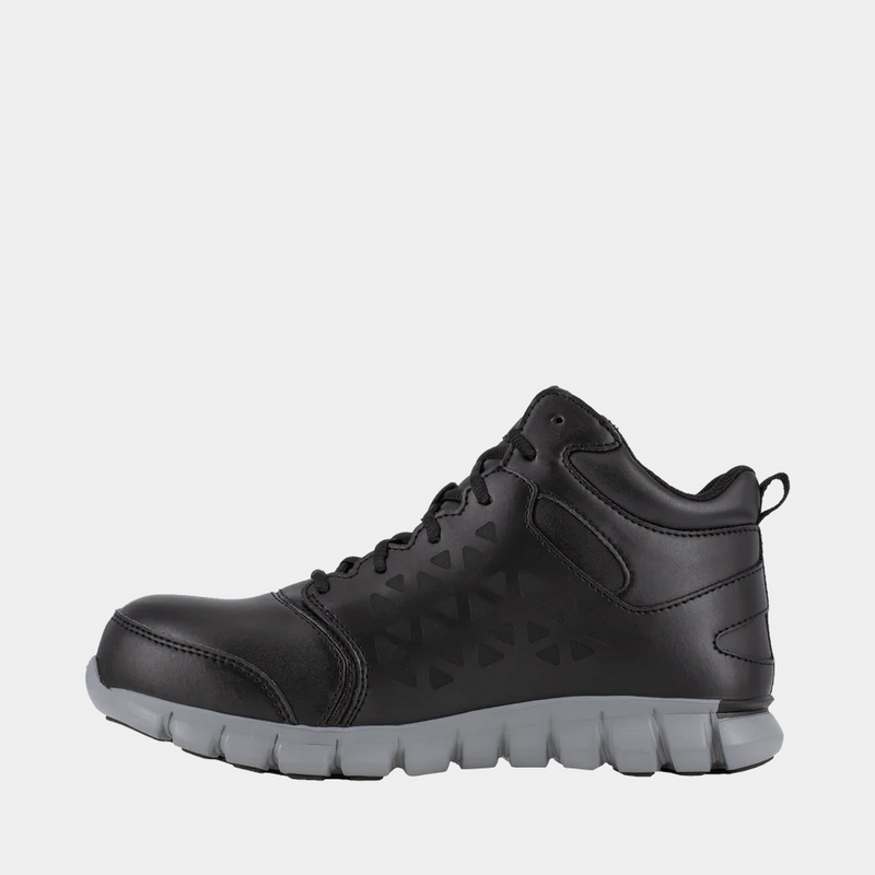 Reebok Work Sublite Cushion Waterproof Composite Toe Boots, black with durable leather upper and gray slip-resistant sole, side view.