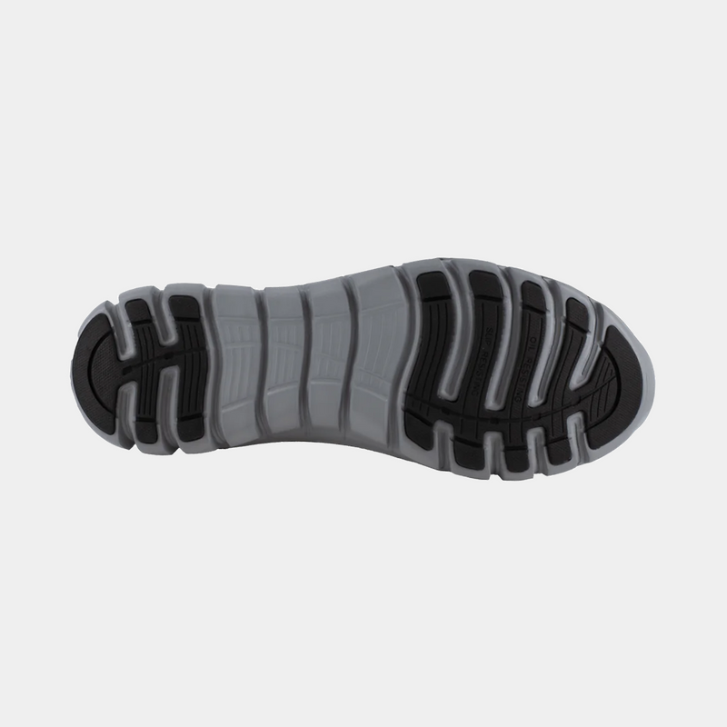 Reebok Work Sublite Cushion Waterproof Composite Toe Boots outsole view with black tread and gray flex grooves.