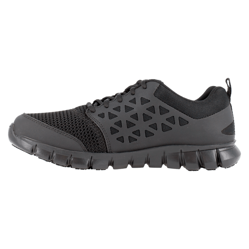 Reebok Work Sublite Cushion Work Soft Toe shoes in black with mesh upper and slip-resistant outsole, side view.