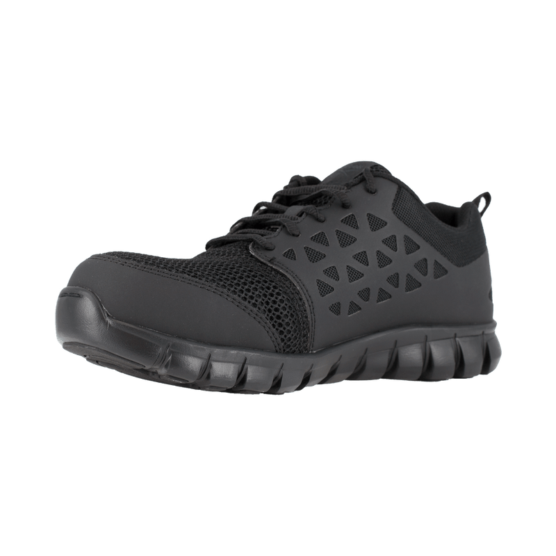 Reebok Work Sublite Cushion Work shoes in black with mesh upper, triangular cutouts, and durable slip-resistant outsole, angled front view.