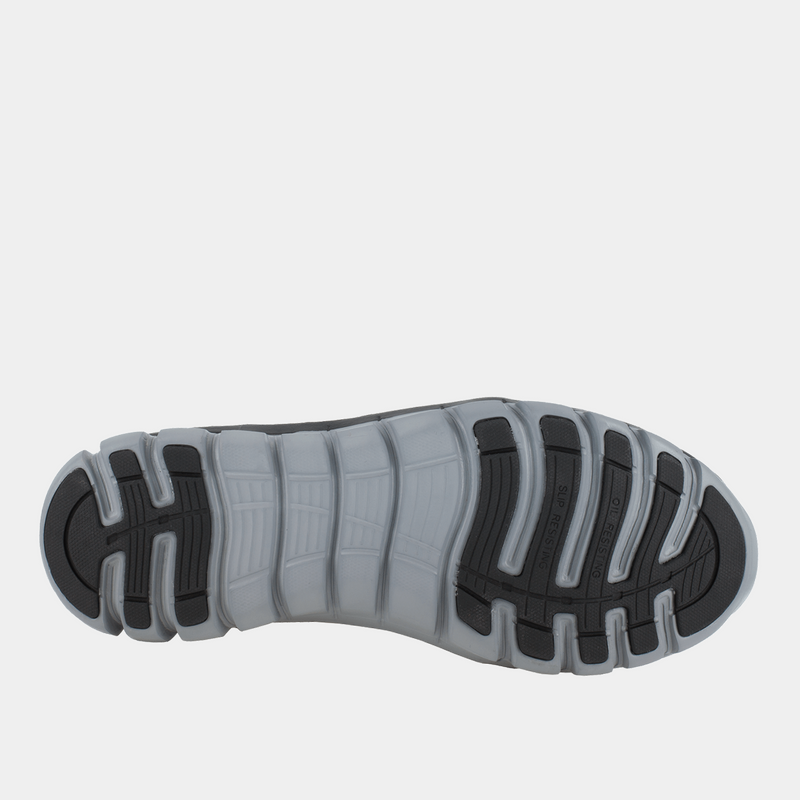 Reebok Work Sublite Cushion Work outsole in black and gray slip-resistant material with flex grooves, sole/bottom view.
