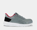Reebok Work Sublite Legend Work shoes in gray with red collar accents, black heel panel, and white cushioned outsole, side view.