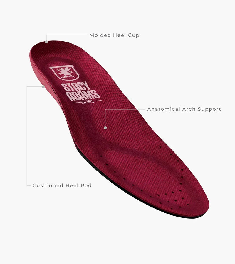 Stacy Adams Sync Plain Toe insoles in red with molded heel cup, cushioned heel pod, and anatomical arch support, angled view.