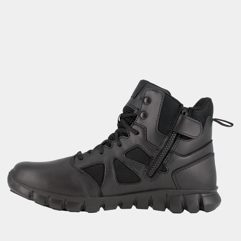 Reebok Work Tactical Boot with Side Zipper in black featuring durable leather and mesh panels, side view showcasing lace-up design and zipper closure.