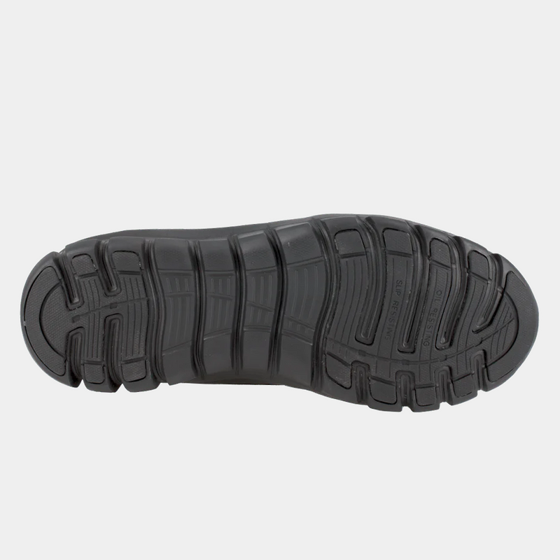 Reebok Work Tactical Boot with Side Zipper outsole view showing slip-resistant rubber and deep flex grooves in black.