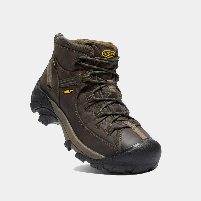 Keen Targhee II Mid hiking boots in dark brown with waterproof leather upper and reinforced toe cap, angled front view.